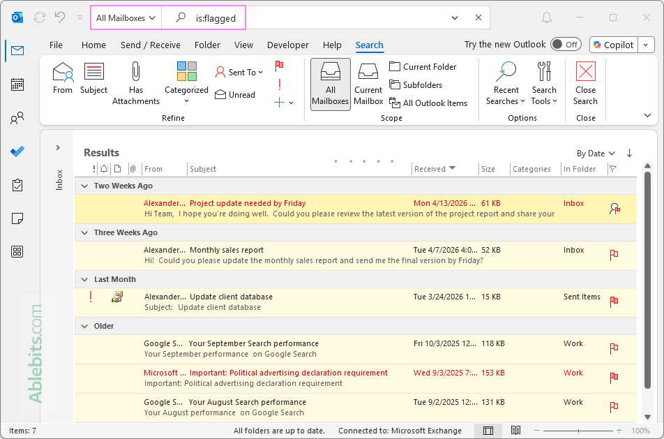 Search for flagged emails in Outlook.