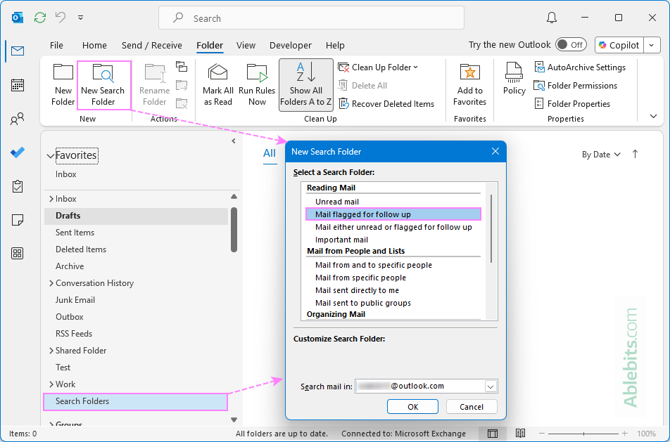 Use a search folder to view flagged emails in classic Outlook.