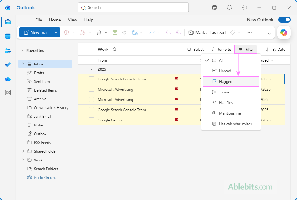 Filter by flagged in new Outlook.