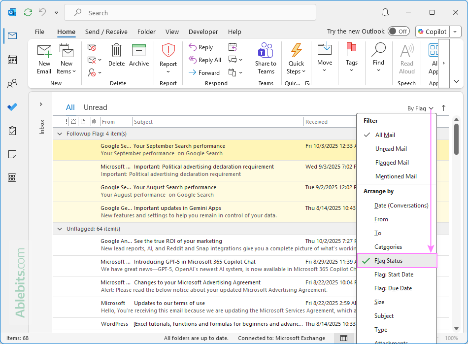 Arrange flagged emails at the top of the Outlook message list.