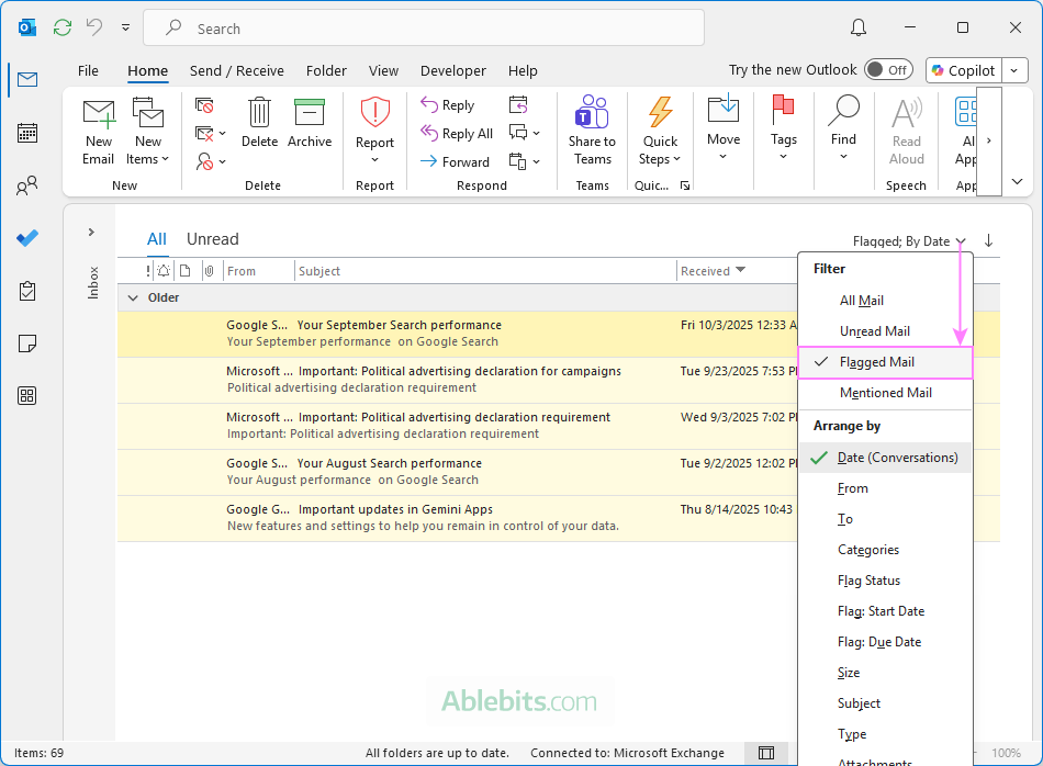 Filter flagged emails in classic Outlook.