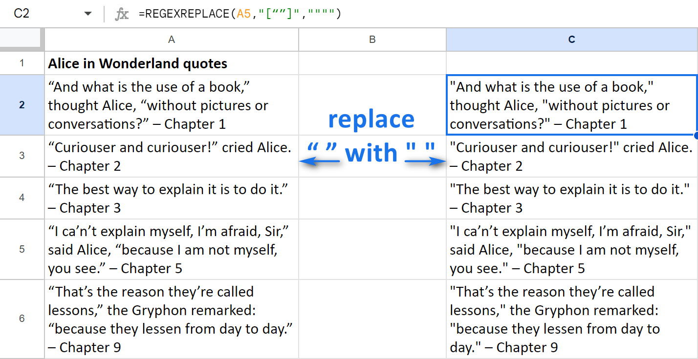 Find and replace smart quotes using Google Sheets REGEXREPLACE.