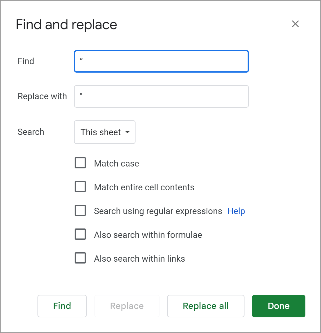 Find and replace tool from Google Sheets.