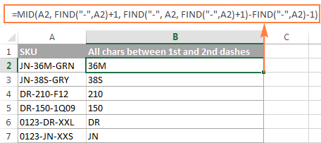 The FIND formula to return all characters between the first and second occurrences of a specific character