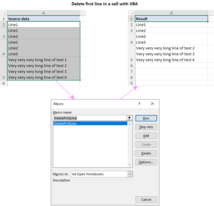 Delete the first line in a cell with Excel VBA macro.