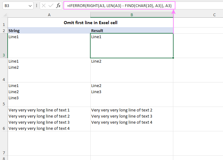 Omit the first line in Excel cell with a formula.