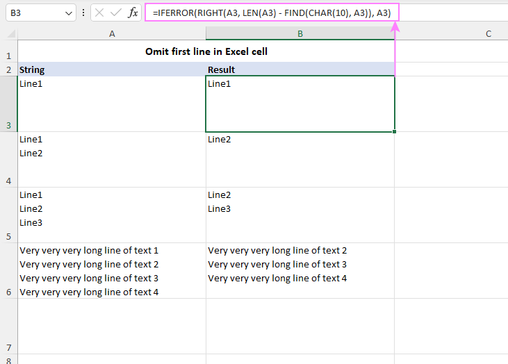 How to omit / remove first line in Excel cell: formula, RegEx, VBA