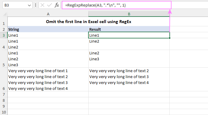 Omit the first line in Excel cell using RegEx.