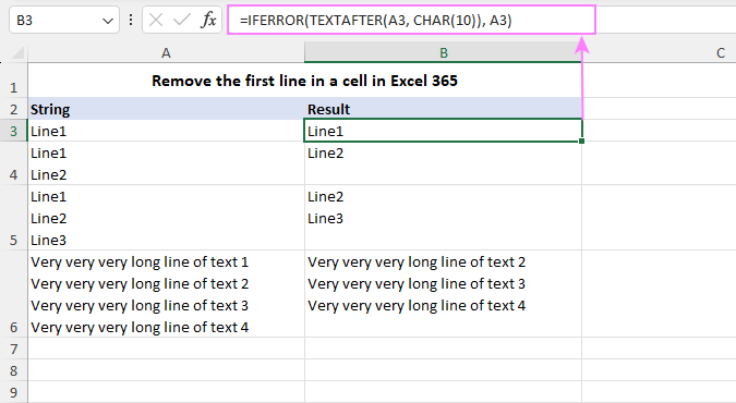 Remove the first line in a cell in Excel 365 using a formula.