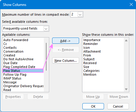 Add the Flag Status column to an Outlook view.