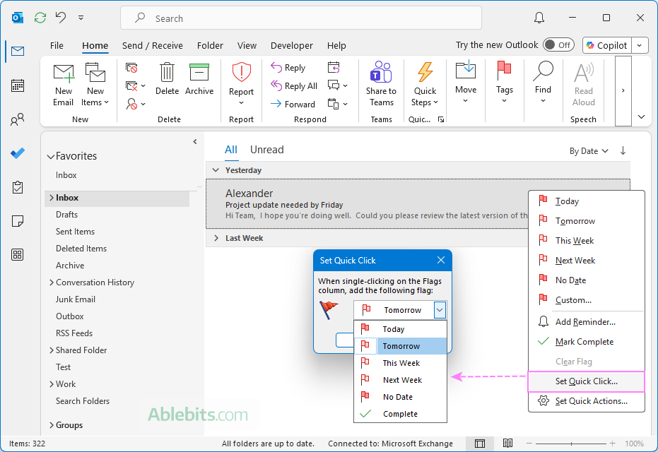 Change the default flag setting in Outlook.