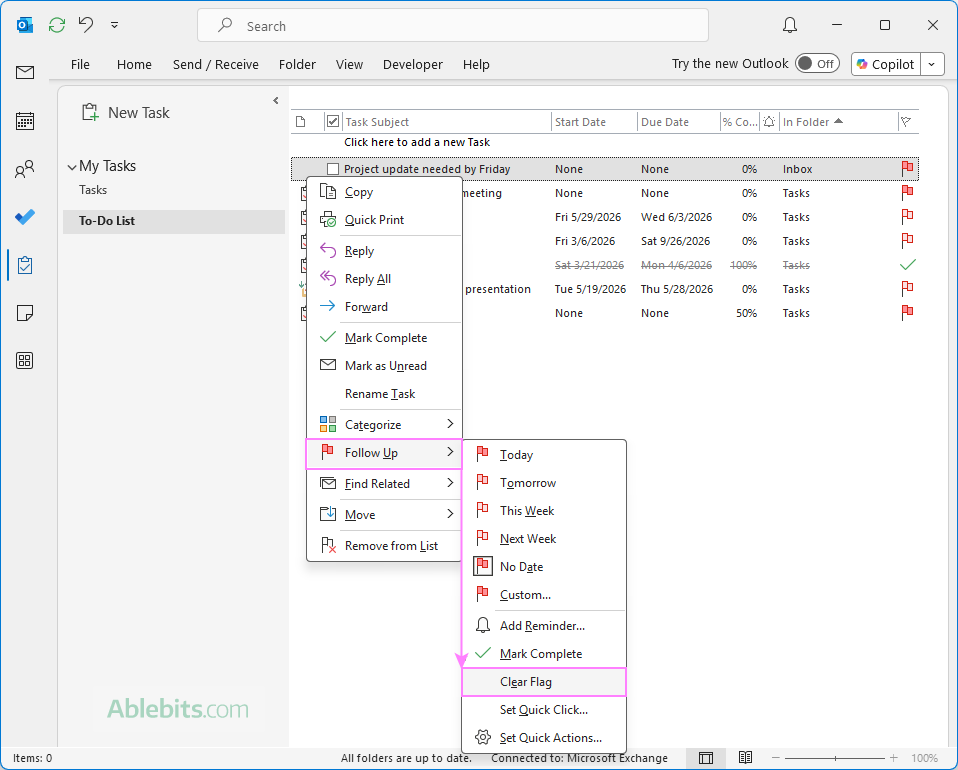 Clear flag in the Outlook task list.