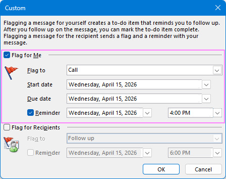 Add a custom flag to an Outlook email you are composing.