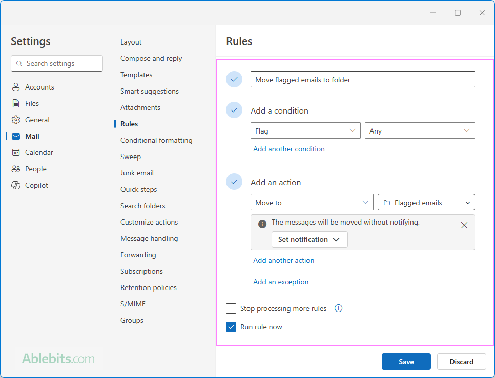 Set up an Outlook rule to move incoming flagged messages to a folder.