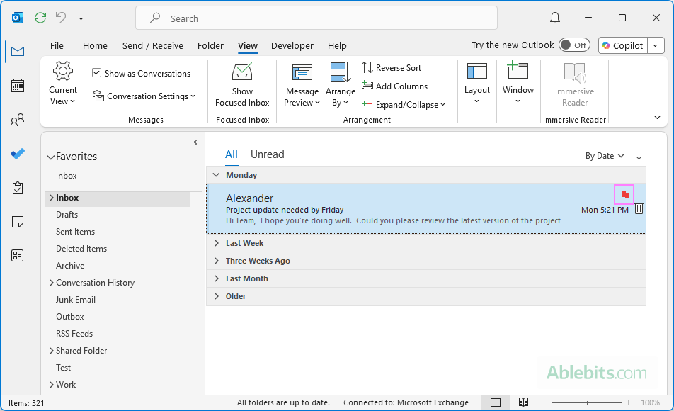 Apply a default flag for an Outlook email.