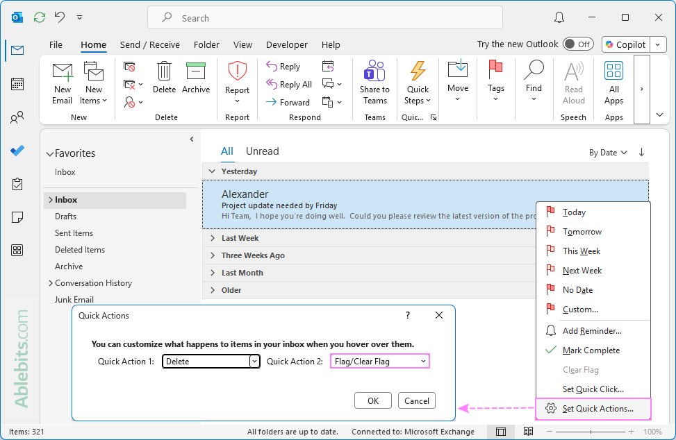 Set Flag / Clear Flag for Outlook's Quick Actions.