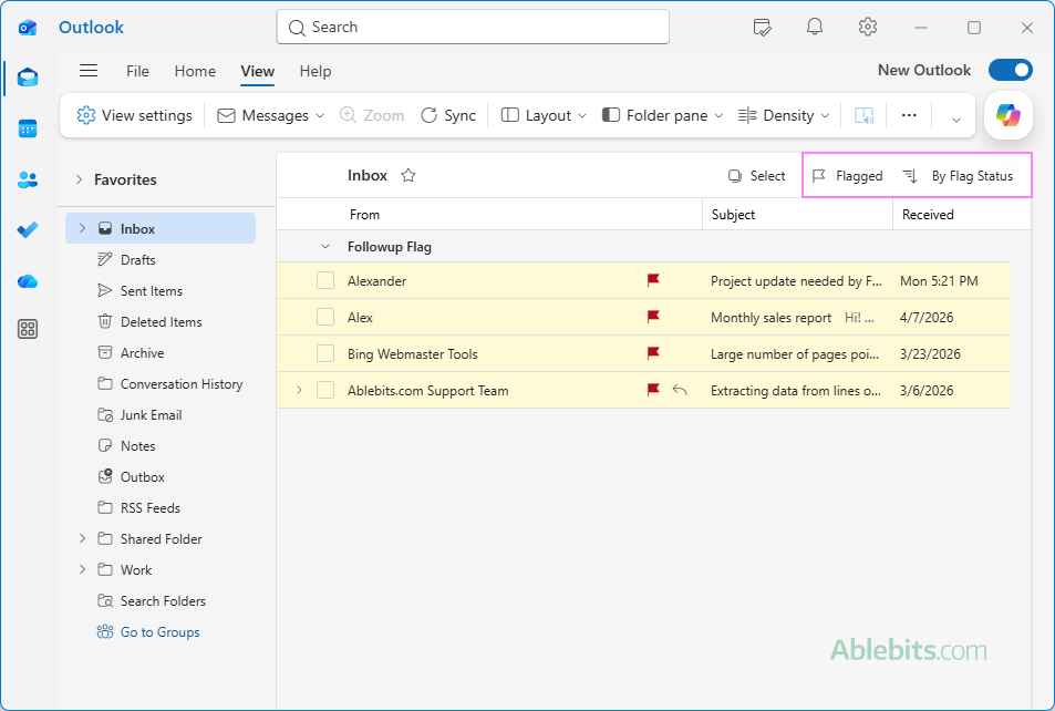 View flagged emails in Outlook.