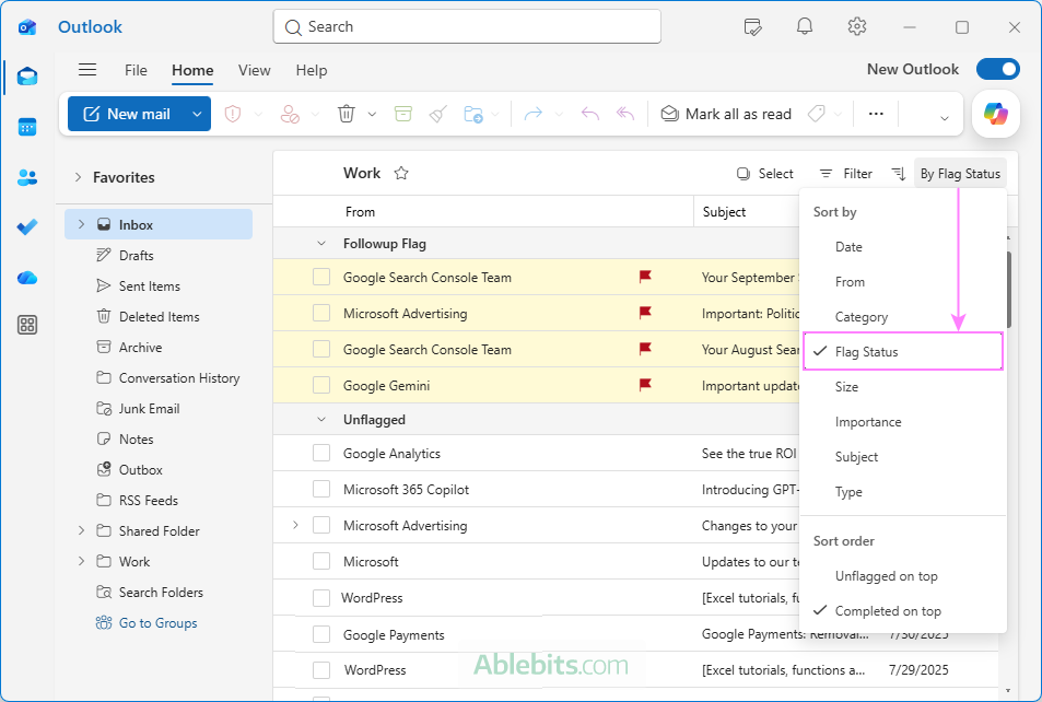 Change Outlook sorting to show flagged emails at the top.