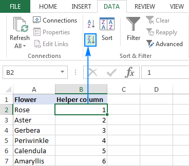 To flip a column in Excel, sort a column with numbers next to it.