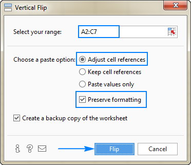 Choose to adjust cell references and preserve formatting when flipping a table.