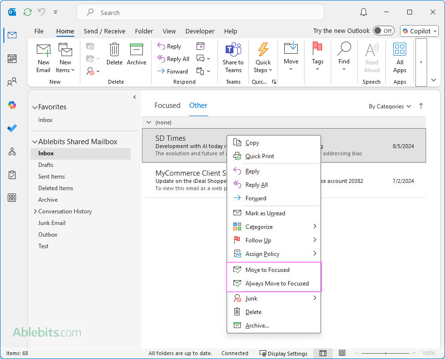 Adjust what messages get into the Focused and Other tabs in Outlook. Adjust what messages get into the Focused and Other tabs in Outlook.