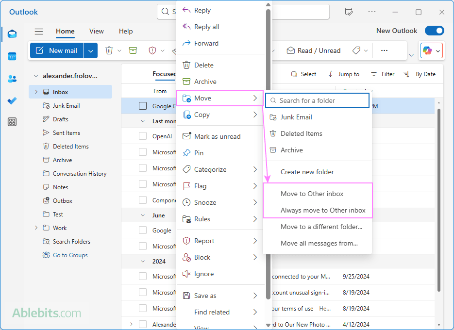 Move a message to Other Inbox in the new Outlook.
