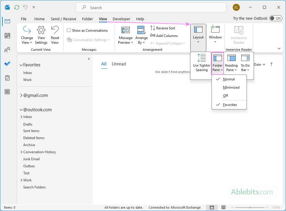 Change the Outlook Folder pane to normal, minimized or off.