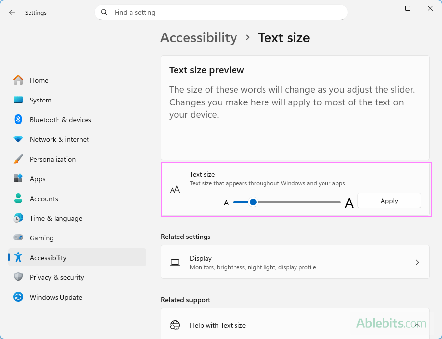 Increase text size of your apps, including the Folder pane in Outlook.