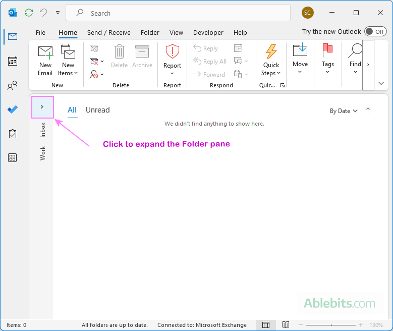 Expand the minimized Folder pane in Outlook.