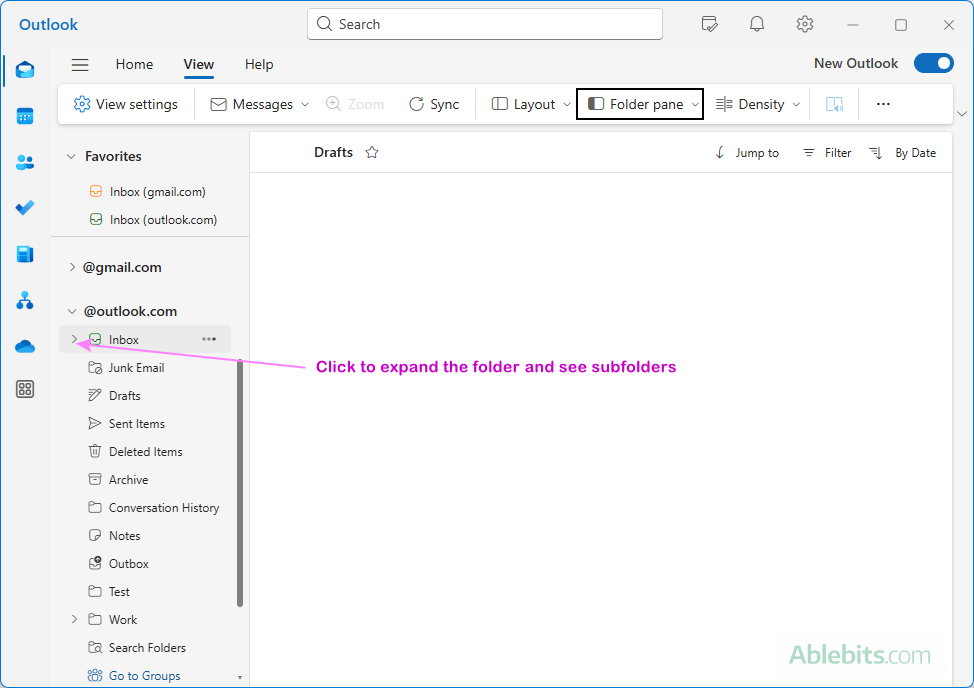 Expand an Outlook folder to see its subfolders.