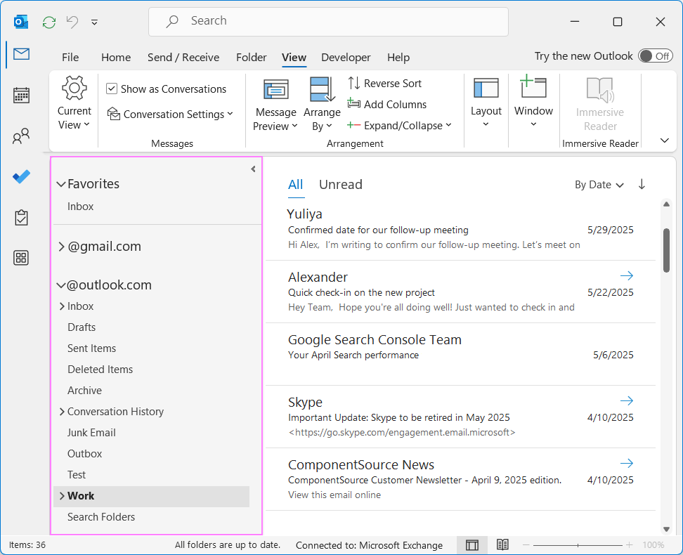 The Outlook folder pane font size is increased.