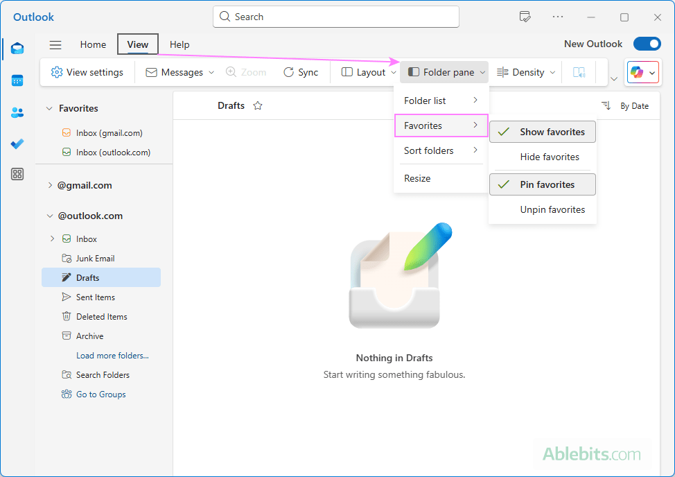 Show, hide or pin Favorites in the Outlook Folder pane.