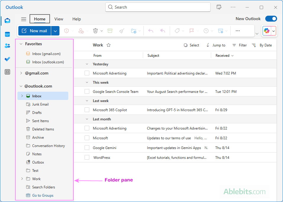 Folder pane in Outlook