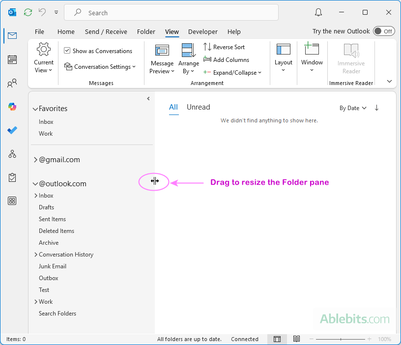 Drag the right edge of the Outlook Folder pane to resize it.