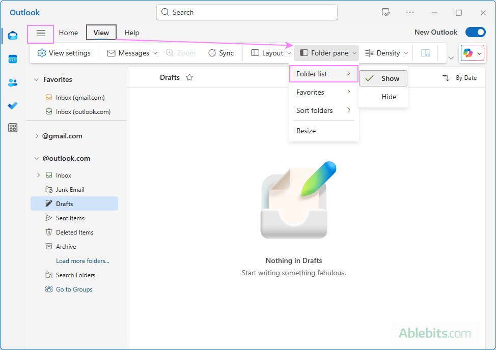 Hide and show the Folder pane in the new Outlook.