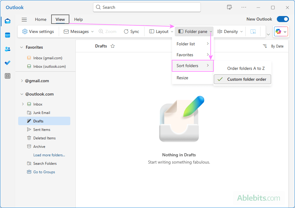 Sort folders alphabetically or in custom order in Outlook.