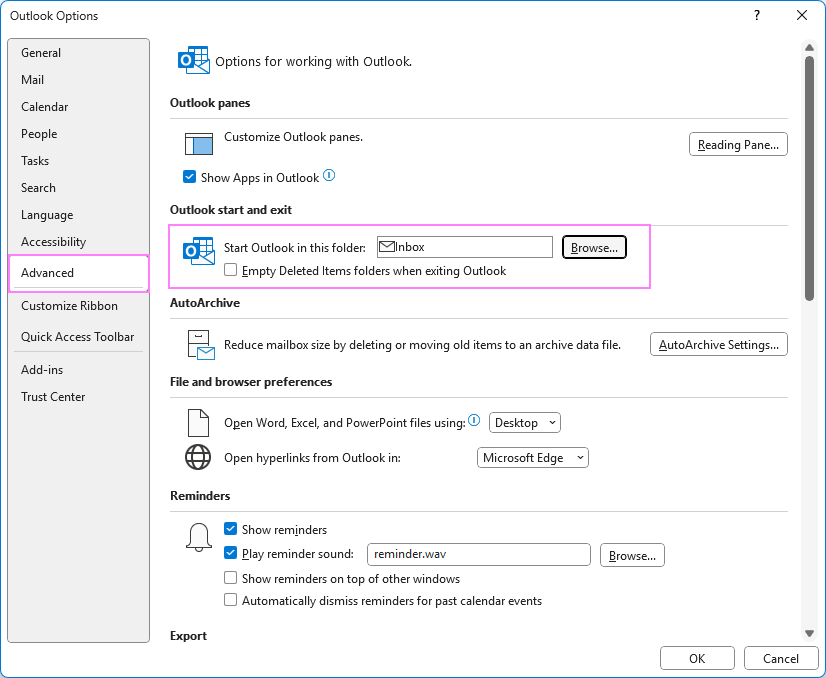Change the default folder that Outlook opens at startup.