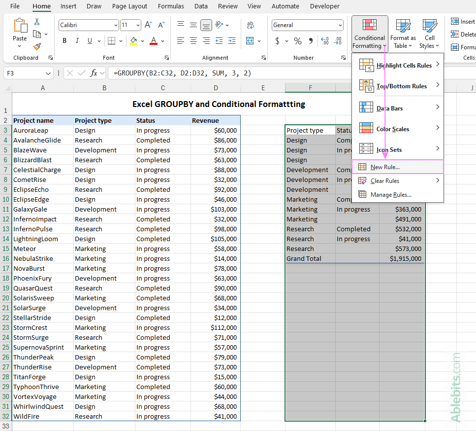 Apply Excel conditional formatting to the GROUPBY formula results.