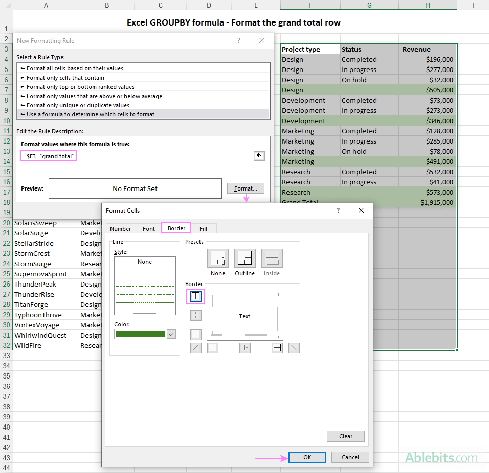 Format the grand total row in the GROUPBY results.