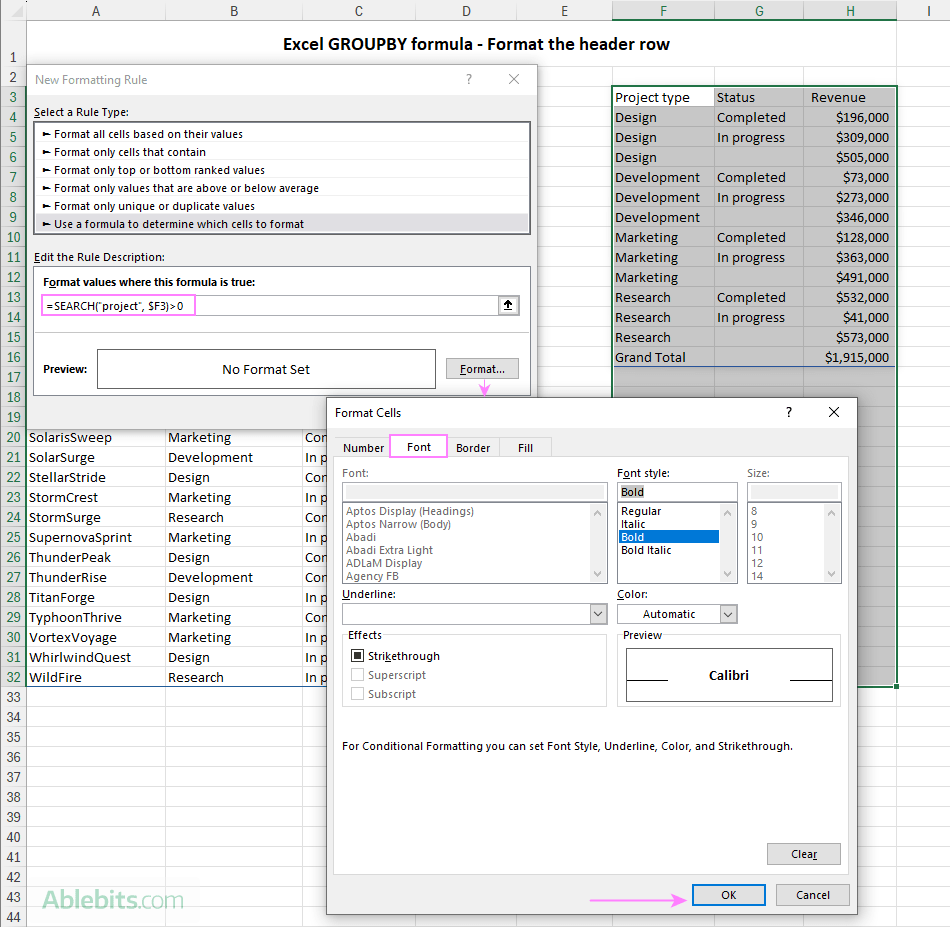 Format the header row in the GROUPBY output.