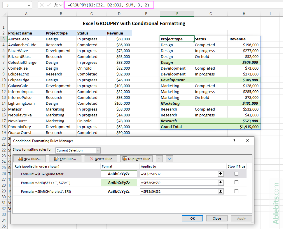 GROUPBY results enhanced with conditional formatting