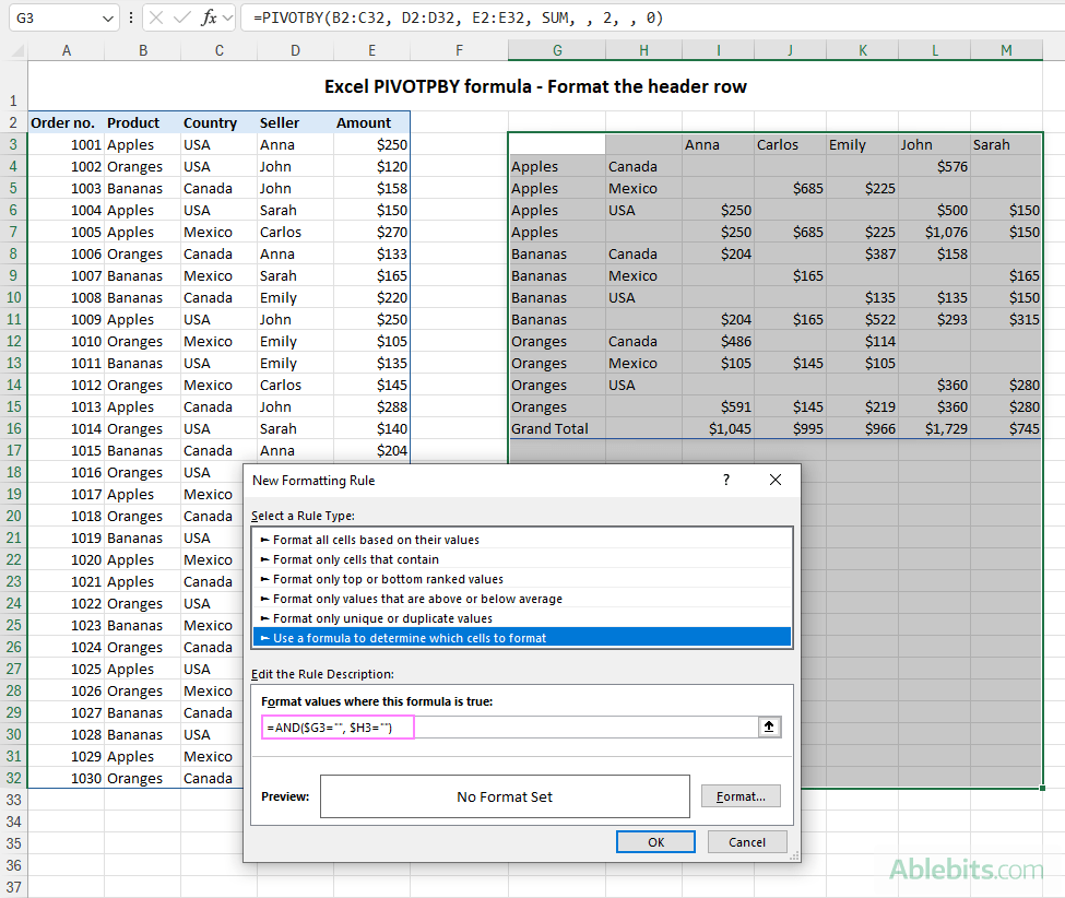 Conditional formatting formula to identify the header row in the PIVOTBY output