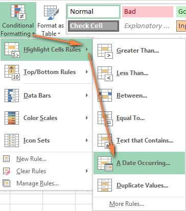Excel conditional formatting built-in rules for dates