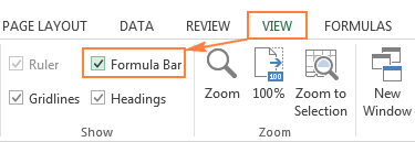 To show the formula bar in Excel, select the Formula Bar option on the ribbon.