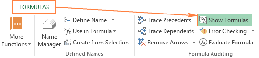 To get Excel formulas to display the calculated results, turn off the Show Formulas mode.