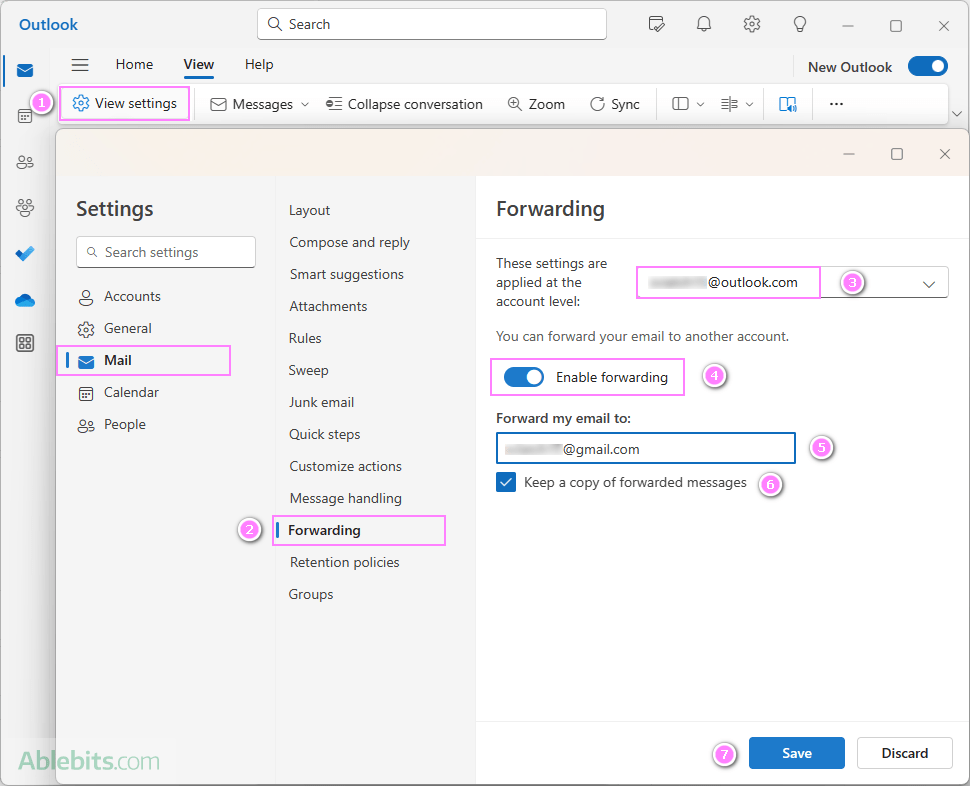 Automatically forward email in the new Outlook and web.