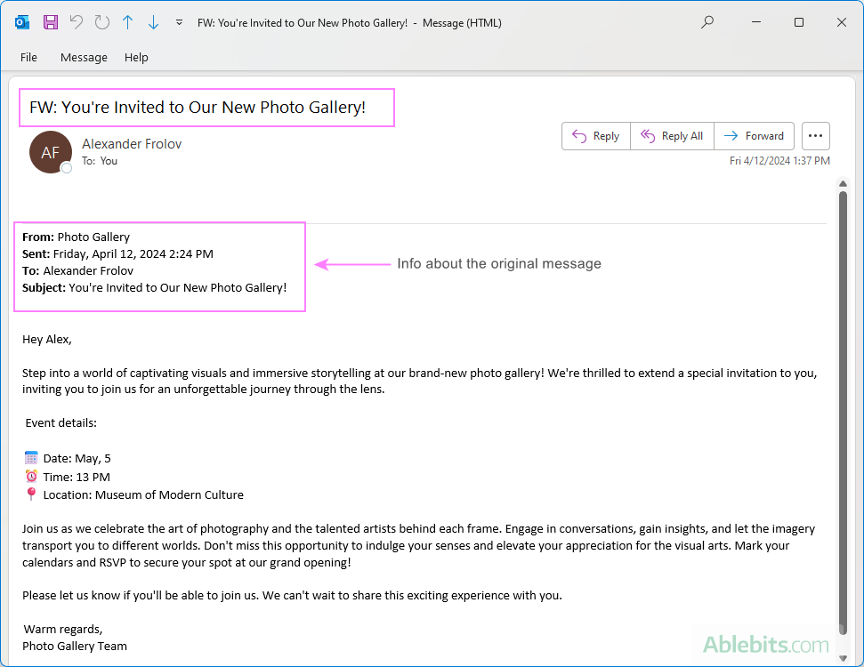 Forwarded email in Outlook