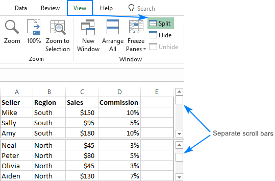 Splitting panes in Excel