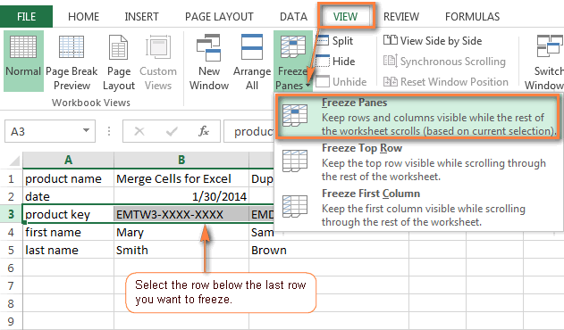 how to put a freeze frame in excel