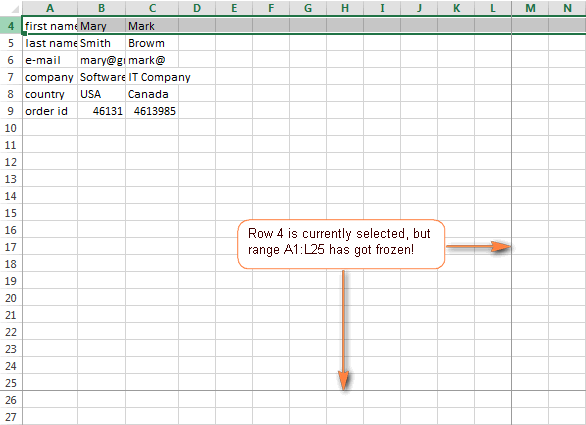 Excel may freeze panes in a different way than you expected.